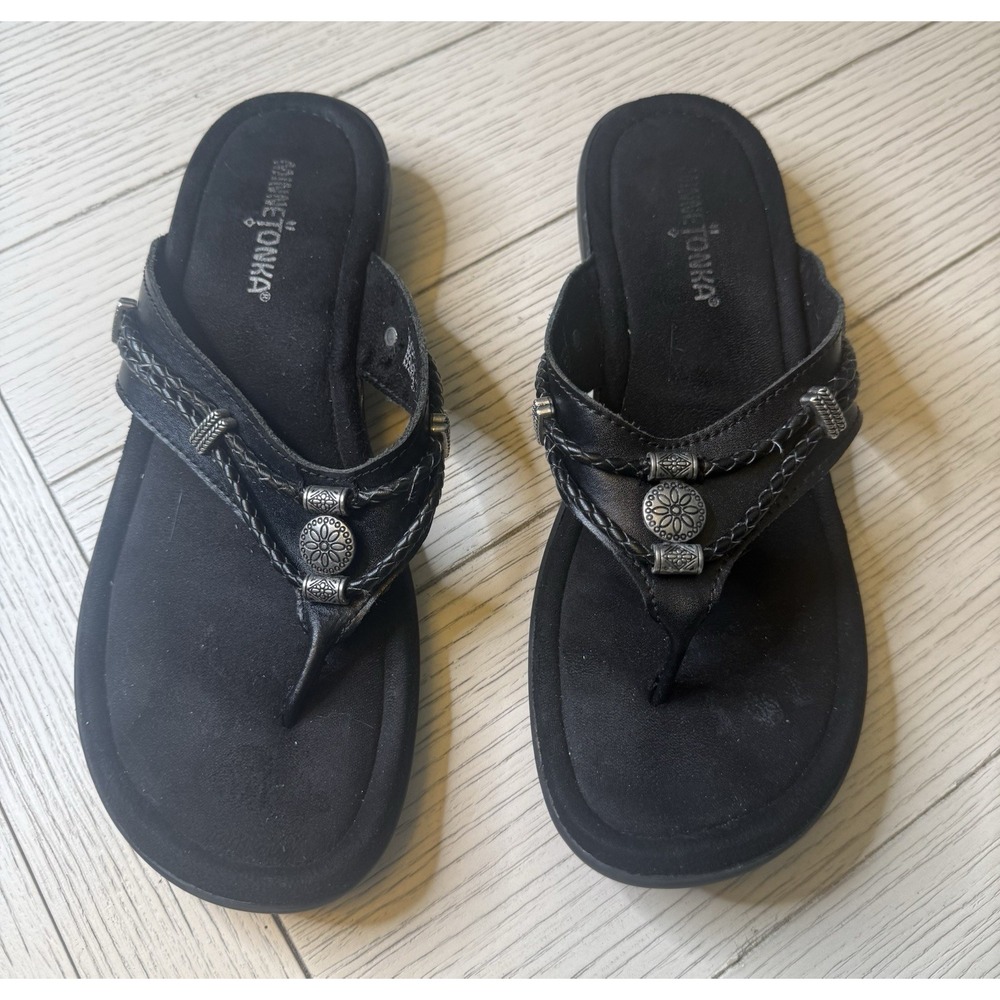 Minnetonka Silverthorne Thong Black Leather Sandals Flip Flops Womens‎ Sz 9